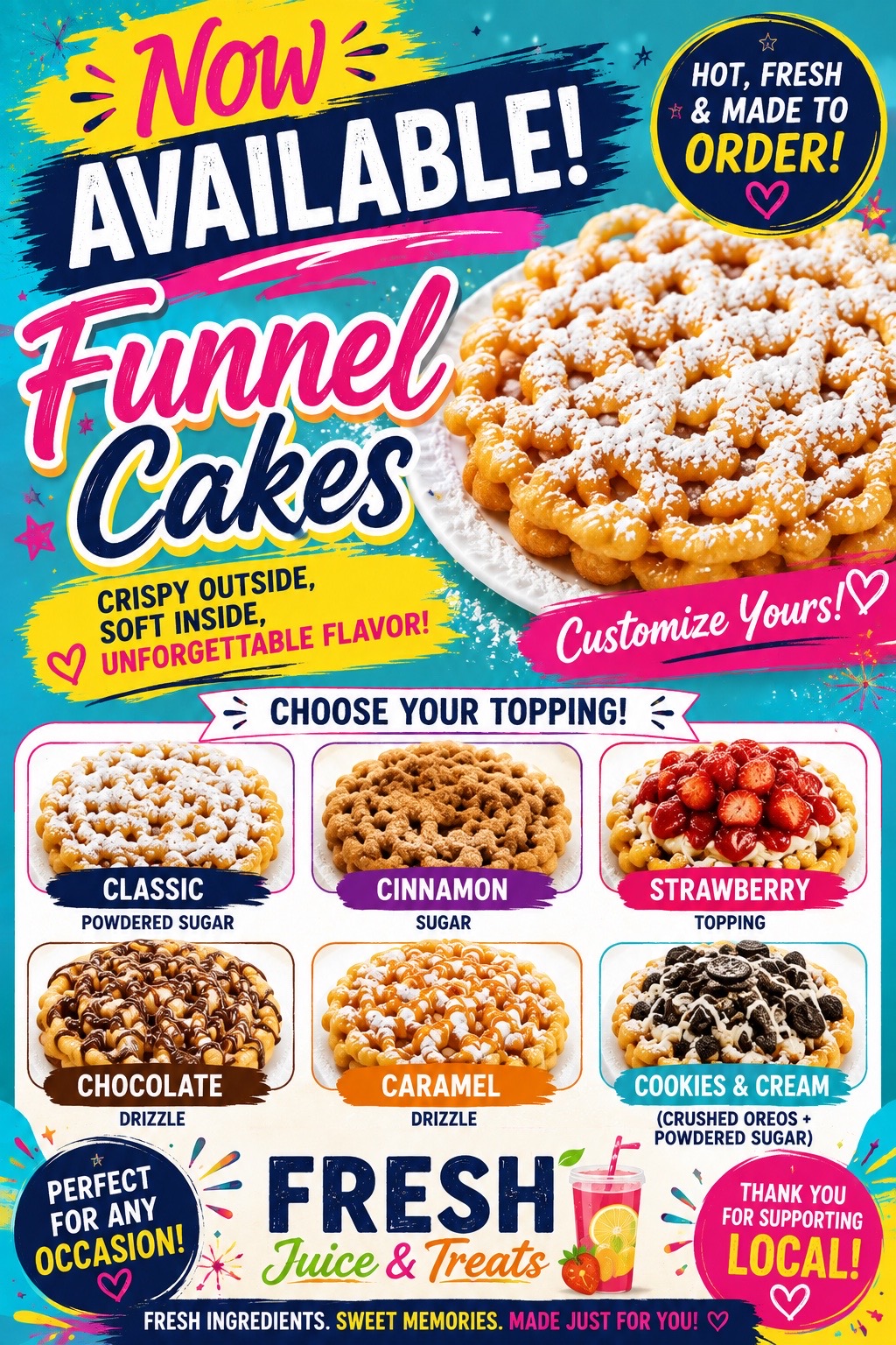 Funnel cakes with a selection of available toppings