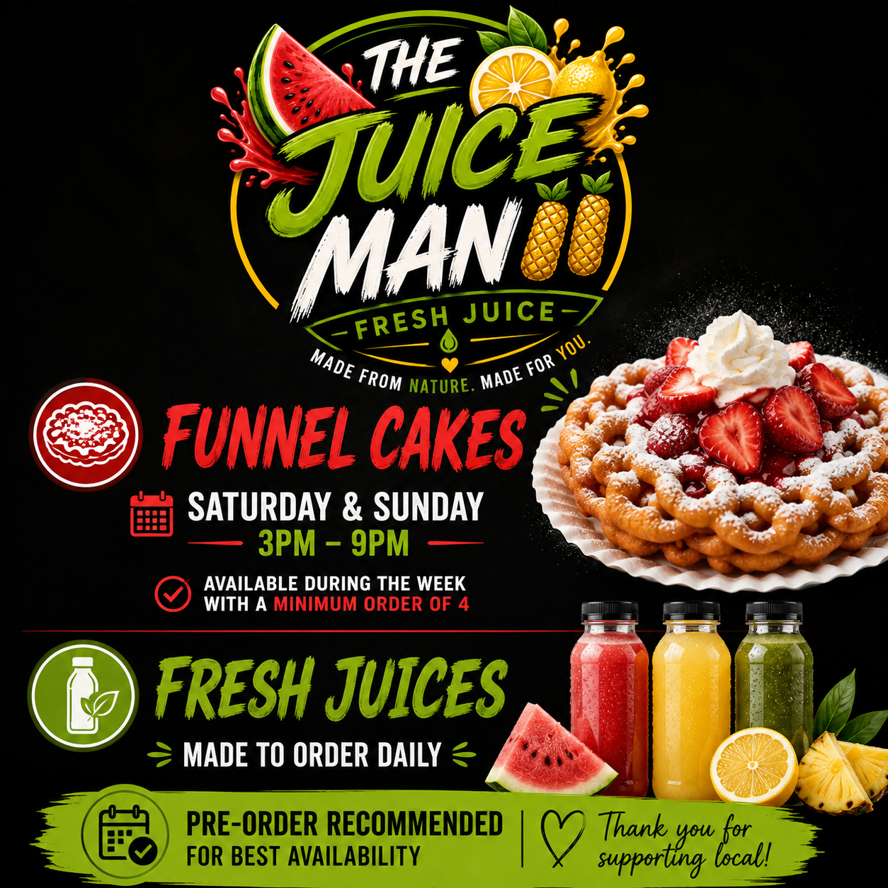 The Juice Man menu featuring funnel cakes and fresh juices