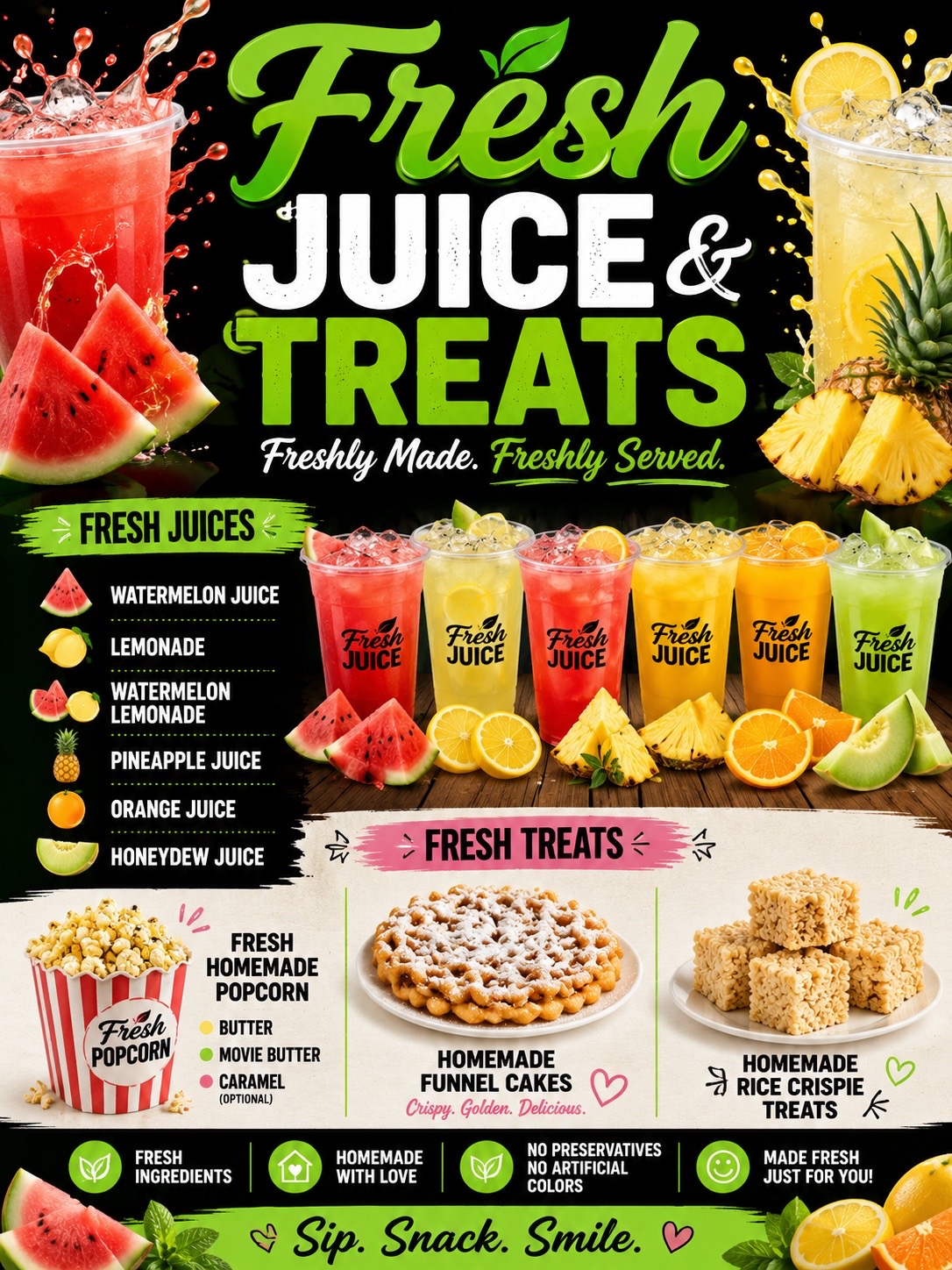 Fresh juices and homemade popcorn, funnel cakes, and Rice Krispie treats